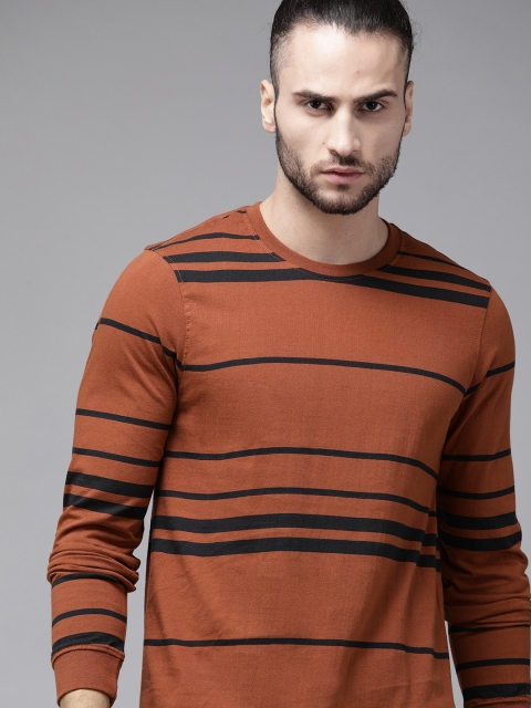 

The Roadster Lifestyle Co Men Brown & Black Striped Cotton T-shirt