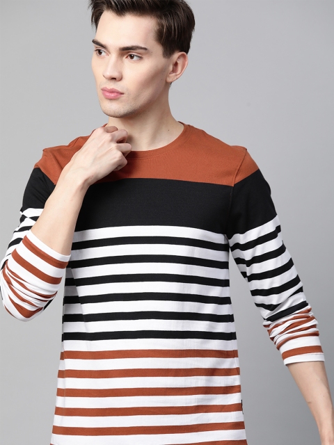 

The Roadster Lifestyle Co Men Black White Pure Cotton Striped Pure Cotton T-shirt