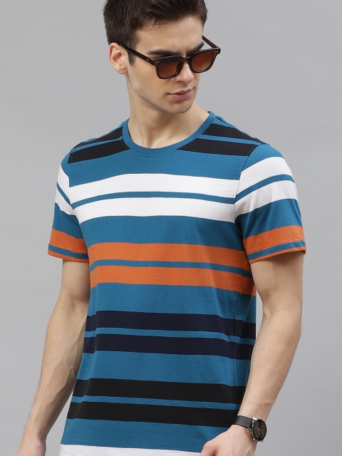 

The Roadster Lifestyle Co Men Blue & White Pure Cotton Striped Round Neck T-shirt