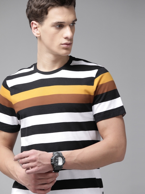 

The Roadster Lifestyle Co Men White & Black Striped Pure Cotton Round Neck T-shirt