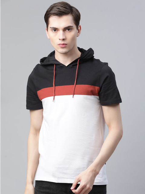 

The Roadster Lifestyle Co Men White Black Cotton Colourblocked Hooded Pure Cotton T-shirt