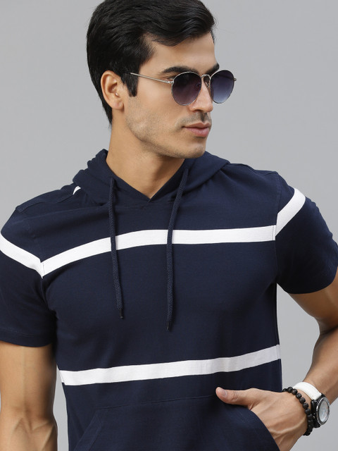 

The Roadster Lifestyle Co Men Navy Blue White Striped Pure Cotton T-shirt