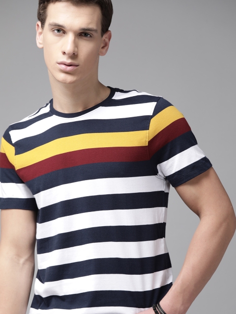 

The Roadster Lifestyle Co Men White & Navy Blue Striped Pure Cotton Round Neck T-shirt