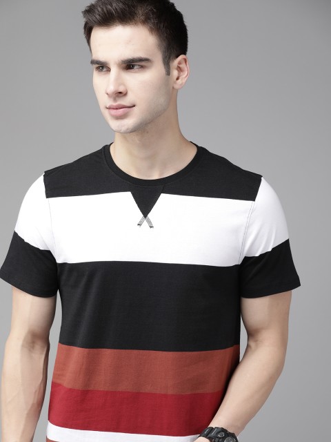 

Roadster Men Black & White Pure Cotton Striped Round Neck T-shirt