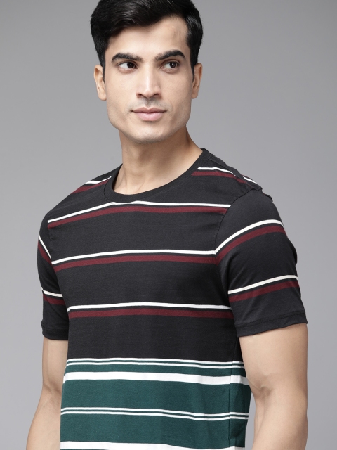 

Roadster Men Black & Green Striped Pure Cotton T-shirt