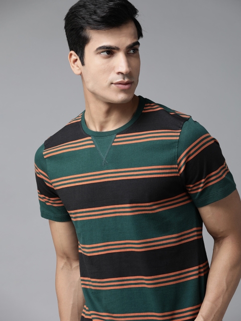 

The Roadster Lifestyle Co Men Green Black Striped Round Neck Pure Cotton T-shirt