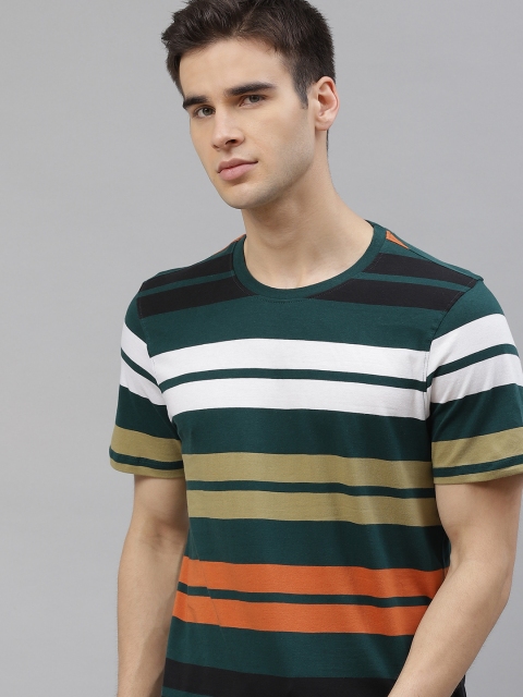 

The Roadster Lifestyle Co Men Green & White Pure Cotton Striped Round Neck T-shirt