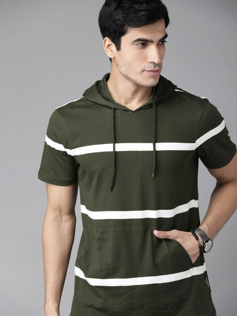 

The Roadster Lifestyle Co Men Green & White Striped Pure Cotton Hooded T-shirt