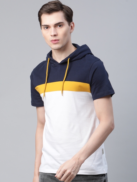 

The Roadster Lifestyle Co Men White Navy Blue Cotton Colourblocked Hooded Pure Cotton T-shirt