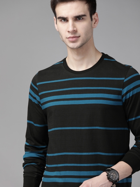 

Roadster Men Black Blue Striped Pure Cotton T-shirt