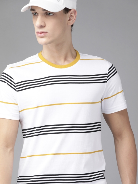 

Roadster Men White & Black Striped Round Neck Cotton T-shirt