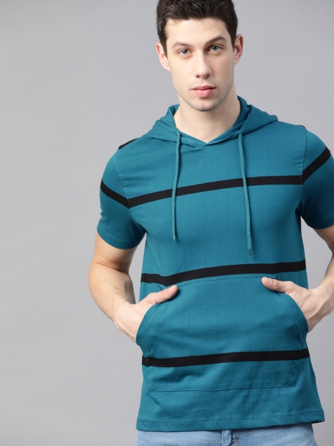 

The Roadster Lifestyle Co Men Teal Blue & Black Pure Cotton Striped Hooded T-shirt