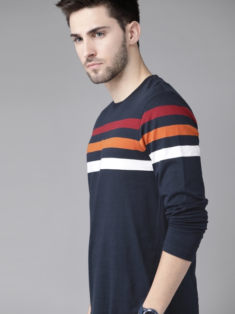 

The Roadster Lifestyle Co Men Navy Blue Pure Cotton Striped Pure Cotton T-shirt