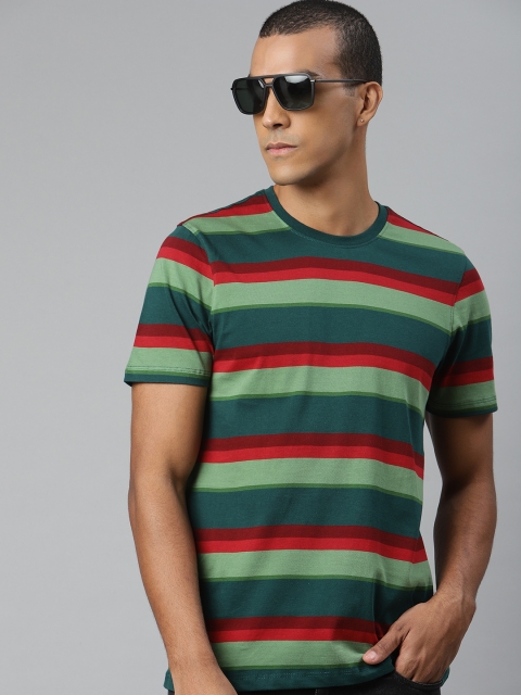 

The Roadster Lifestyle Co Men Green & Maroon Striped Round Neck T-shirt