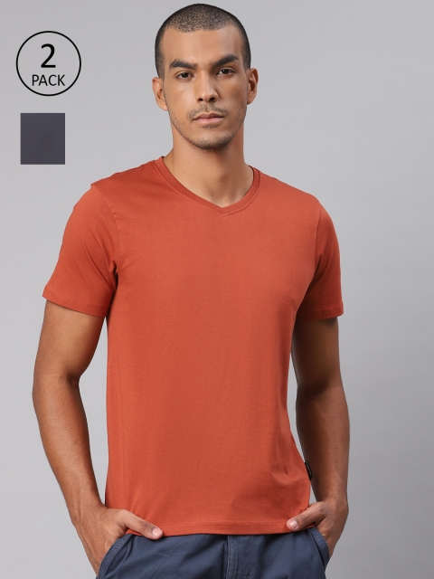 

The Roadster Lifestyle Co Men Pack of 2 Pure Cotton V-Neck Pure Cotton T-shirts, Rust