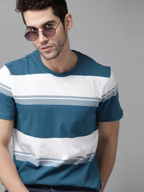 

The Roadster Lifestyle Co Men Teal Blue White Striped Round Neck Pure Cotton T-shirt