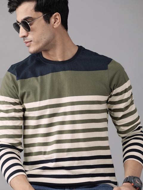 

The Roadster Lifestyle Co Men Olive Green & Cream-Coloured Pure Cotton Striped T-shirt