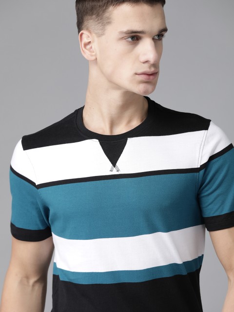 

The Roadster Lifestyle Co Men Teal Blue & Black Pure Cotton Striped Round Neck T-shirt