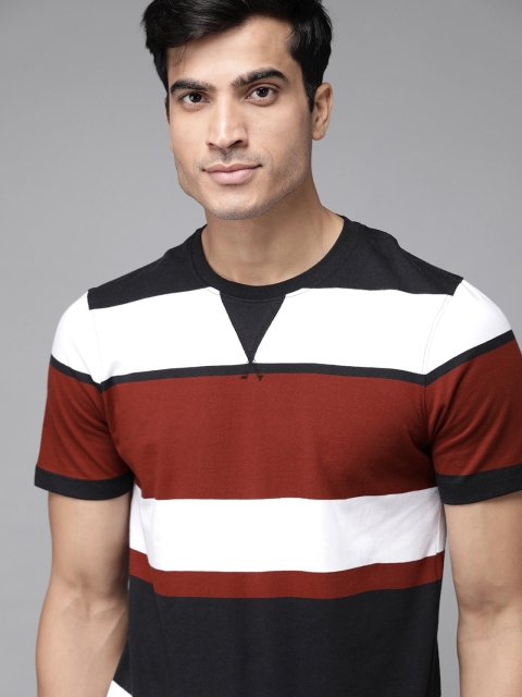 

The Roadster Lifestyle Co Men White Maroon Striped Round Neck Pure Cotton T-shirt