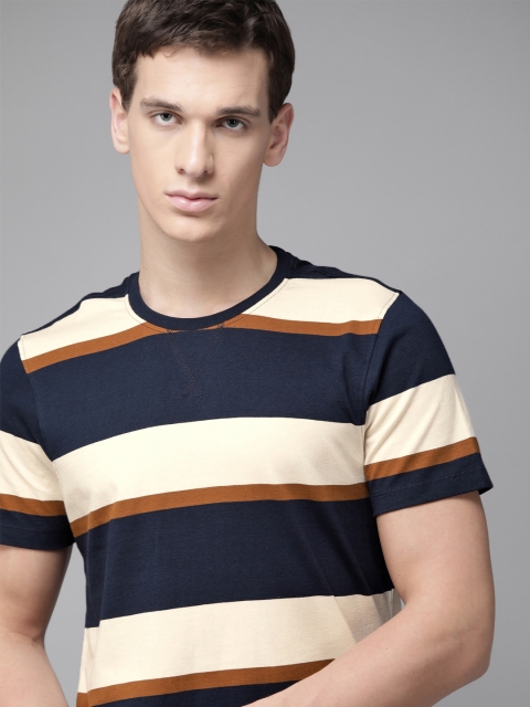 

Roadster Men Cream-Coloured & Navy Blue Striped Pure Cotton Round Neck T-shirt