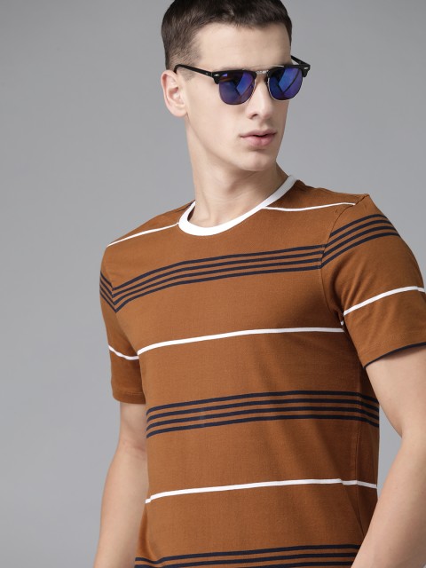 

The Roadster Lifestyle Co Men Brown Pure Cotton Striped Round Neck Pure Cotton T-shirt