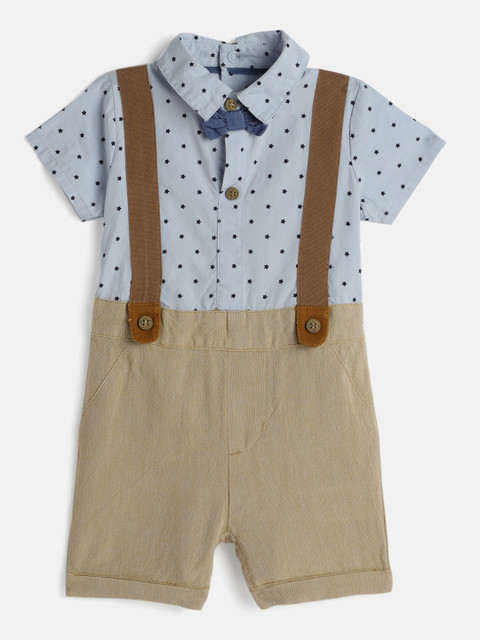 

mothercare Infant Boys Blue & Brown Printed Pure Cotton Half Sleeves Braces Rompers