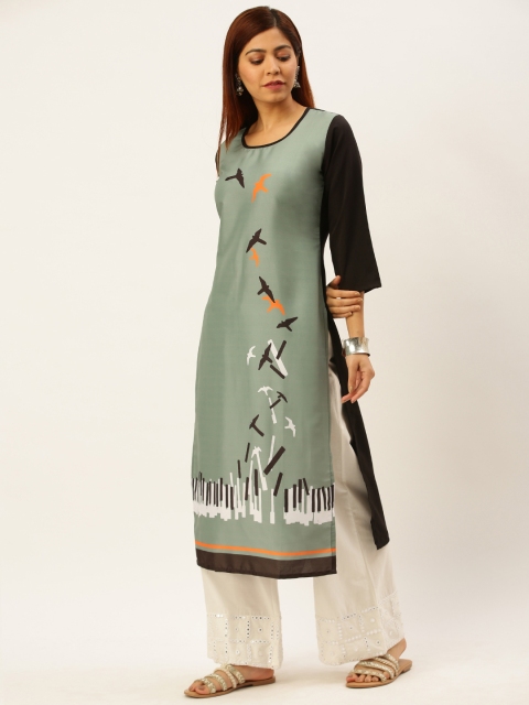 

Rajnandini Women Olive Green & Black Printed Straight Kurta