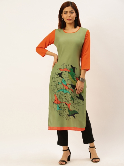 

Rajnandini Women Olive Green & Orange Printed Straight Kurta