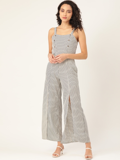 

DODO & MOA Women Off-White & Black Striped Front Slit Basic Jumpsuit
