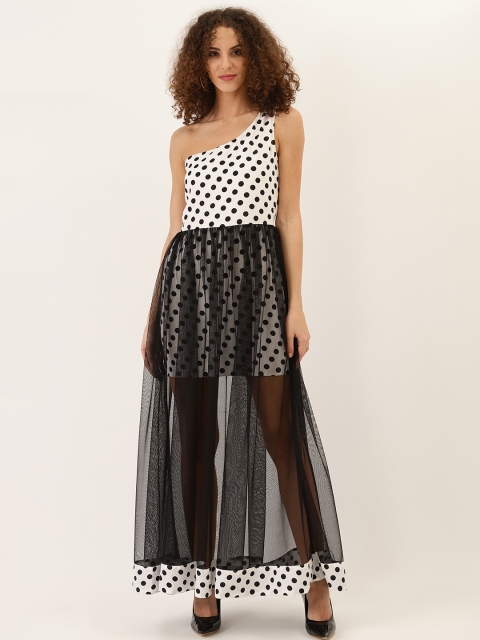 

DODO & MOA Women White & Black Semi-Sheer One Shoulder Polka Dots Printed Maxi Dress
