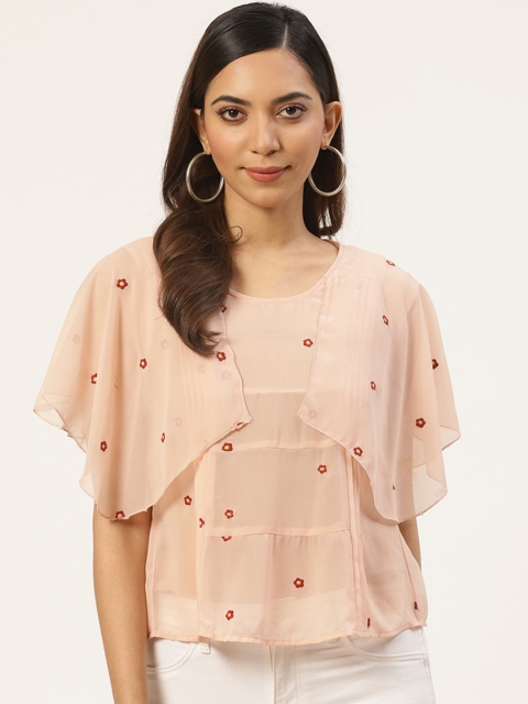 

DODO & MOA Women Peach-Coloured & Red Semi-Sheer Embroidered Top