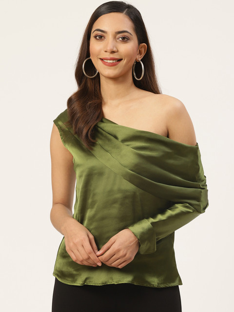 

DODO & MOA Women Olive Green Solid One-Shoulder Satin Finish Top