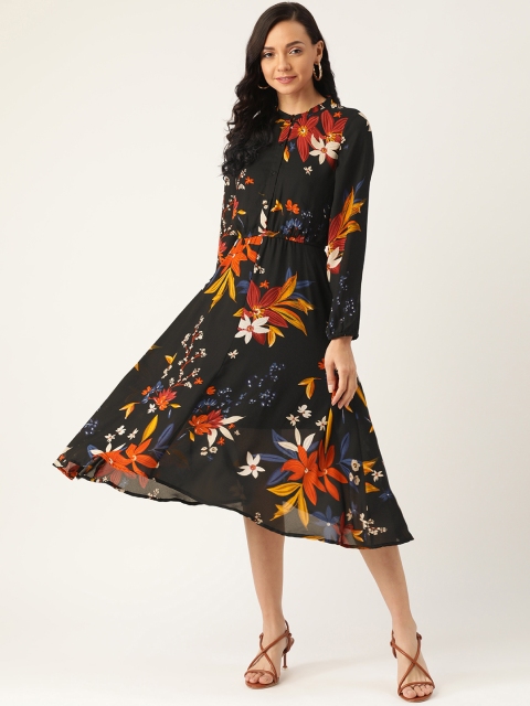 

DODO & MOA Women Black & Rust Orange Floral Print Fit and Flare Dress
