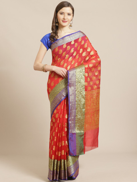 

swatika Red & Golden Zari Woven Design Handloom Chanderi Saree