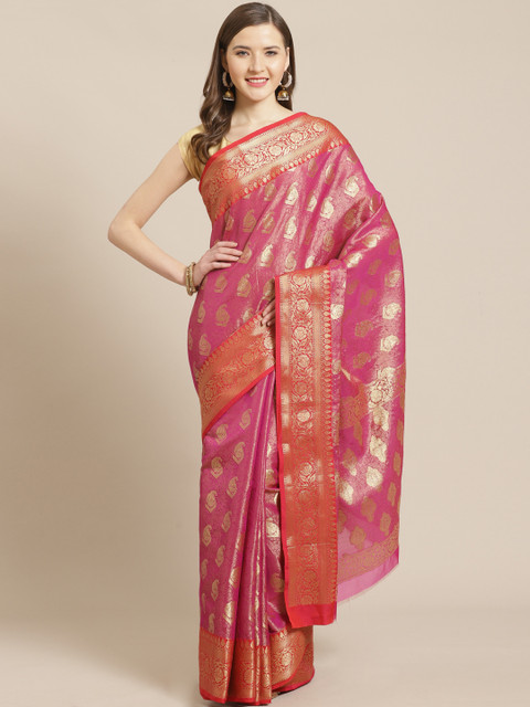 

swatika Magenta & Golden Zari Woven Design Handloom Kanjeevaram Saree