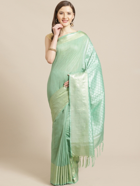 

swatika Green Solid Handloom Bhagalpuri Saree With Zari Detail