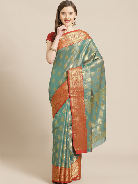 

swatika Teal Green & Golden Zari Woven Design Handloom Kanjeevaram Saree