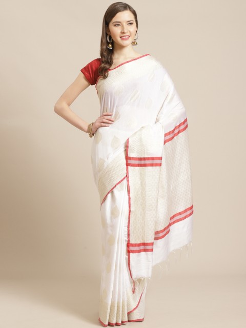 

swatika White & Golden Zari Woven Design Handloom Banarasi Saree