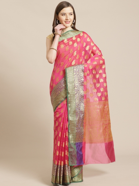 

swatika Pink & Golden Zari Woven Design Handloom Chanderi Saree