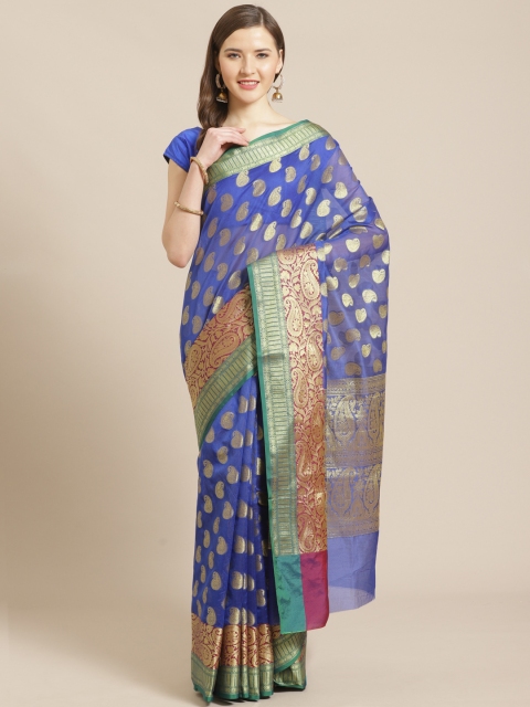 

swatika Blue & Golden Zari Woven Design Handloom Chanderi Saree