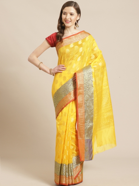 

swatika Yellow & Golden Zari Woven Design Handloom Chanderi Saree