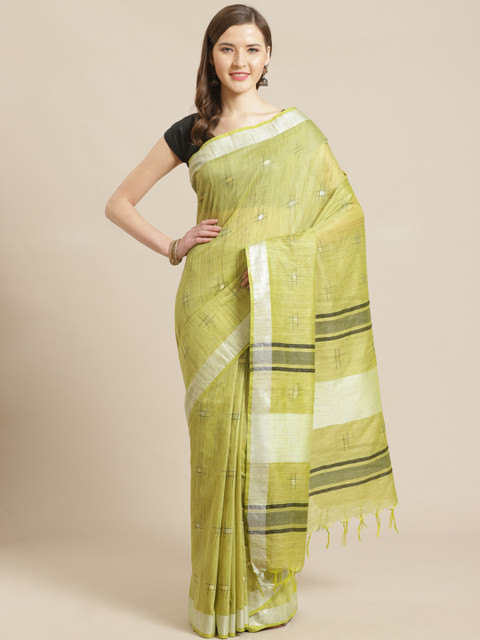 

swatika Lime Green & White Zari Woven Design Handloom Bhagalpuri Saree
