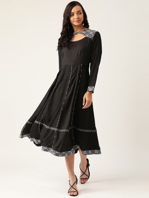 

DODO & MOA Women Black Solid Pure Cotton A-Line Dress with Printed Detail