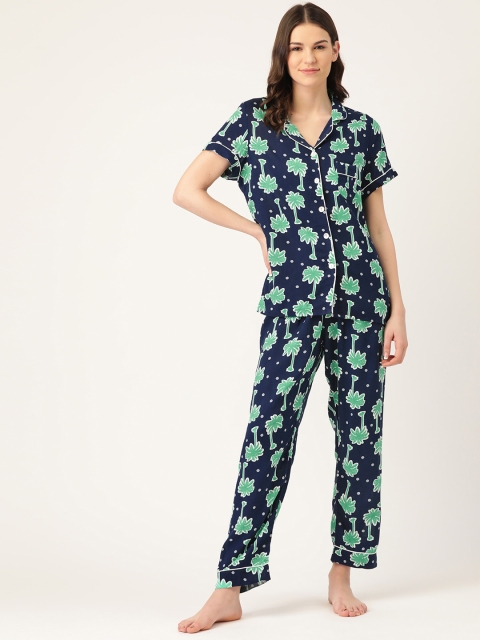 

Sweet Dreams Women Navy Blue & Sea Green Tropical Print Night Suit