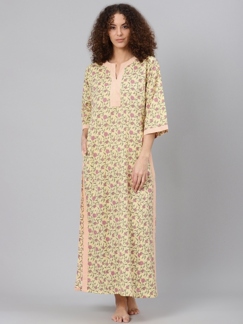 

Biba Cream-Coloured & Pink Printed Pure Cotton Maxi Nightdress