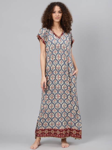 

Biba Blue & Off-White Printed Pure Cotton Maxi Nightdress