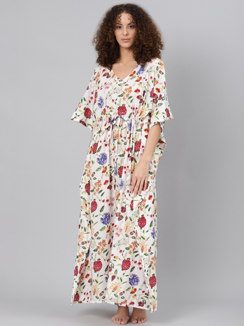 

Biba Off-White & Red Floral Print Pure Cotton Maxi Kaftan Nightdress