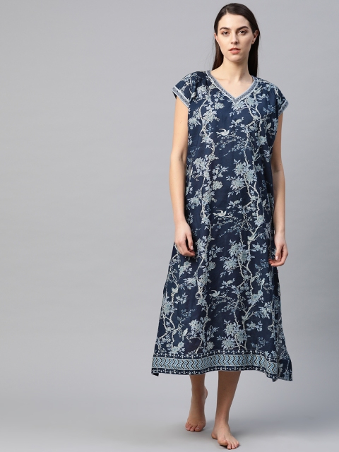 

Biba Navy Blue Floral Print Pure Cotton Midi Nightdress