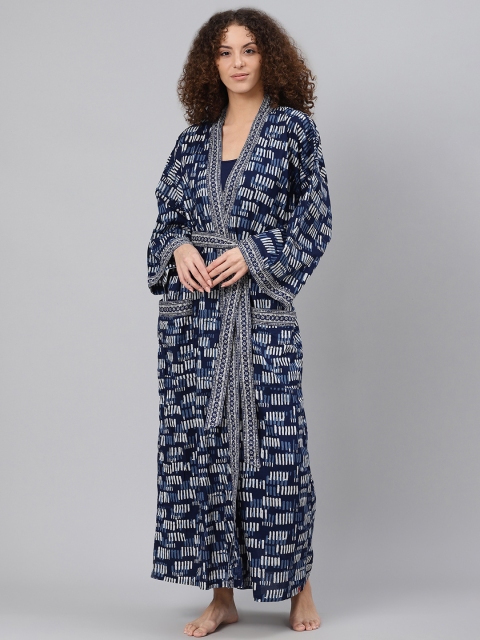 

Biba Navy Blue & Off-White Pure Cotton Solid Nightdress with Printed Robe