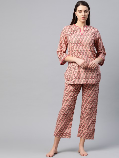 

Biba Women Peach-Coloured & Green Ethnic Motifs Print Pure Cotton Night Suit
